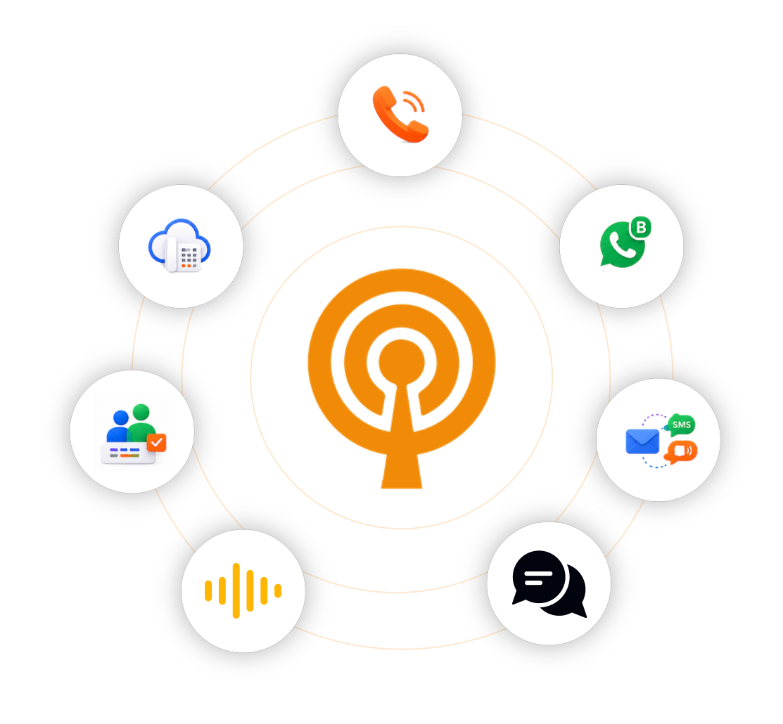 Ilustración original de Isyscol: antena central rodeada de iconos de sus servicios